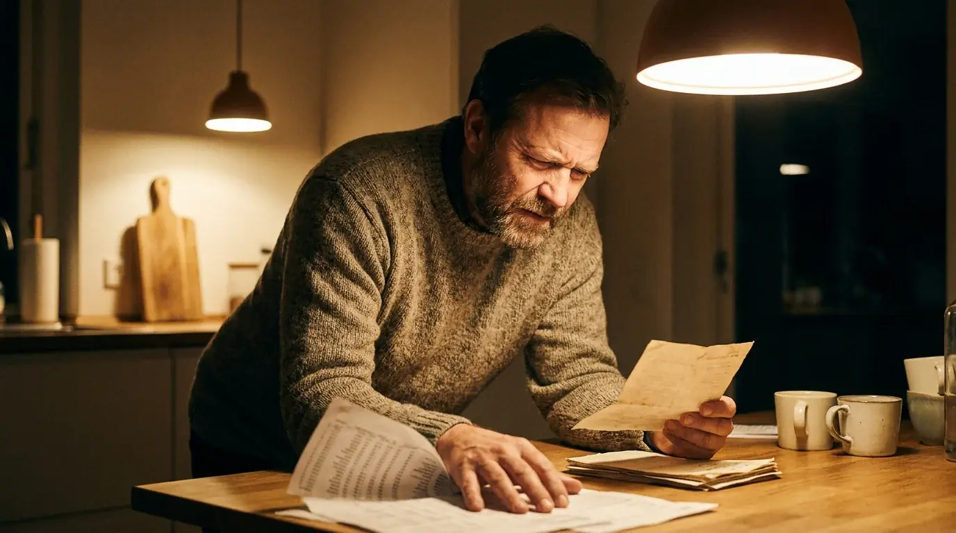 Person at a kitchen table reviewing a printed payslip and bank statement under warm lamp light