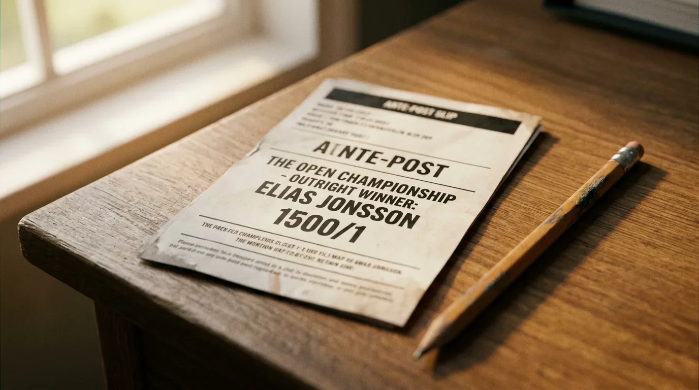 Close-up of a printed paper ante-post golf betting slip on a desk with the long-shot price clearly visible in the markings