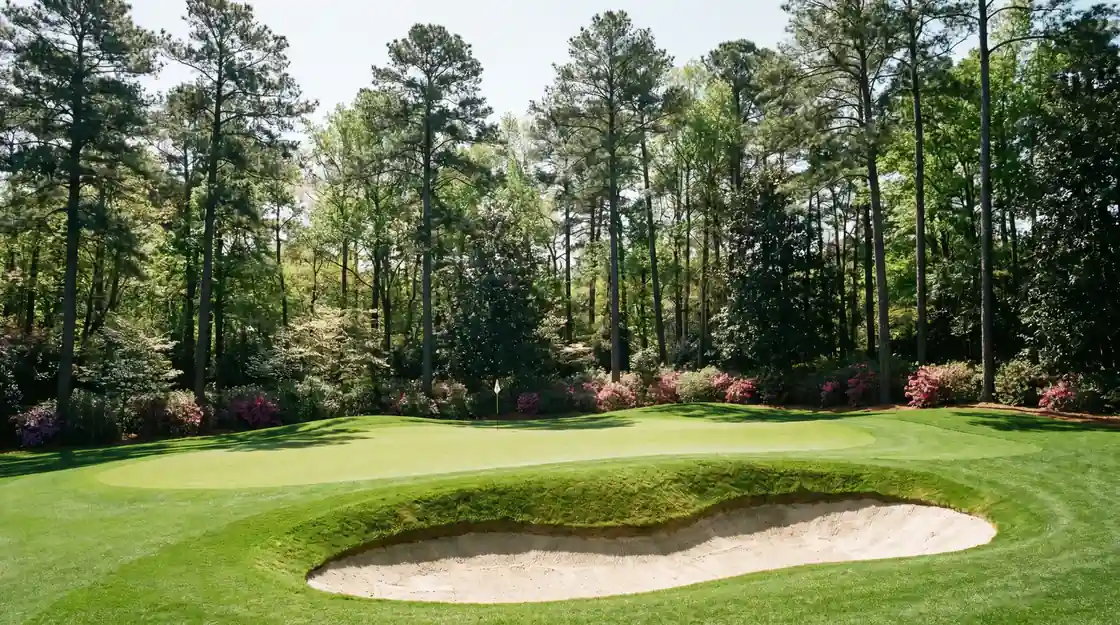 Elevated parkland green with deep front bunker on a Southern American-style course evoking a Masters short-game test