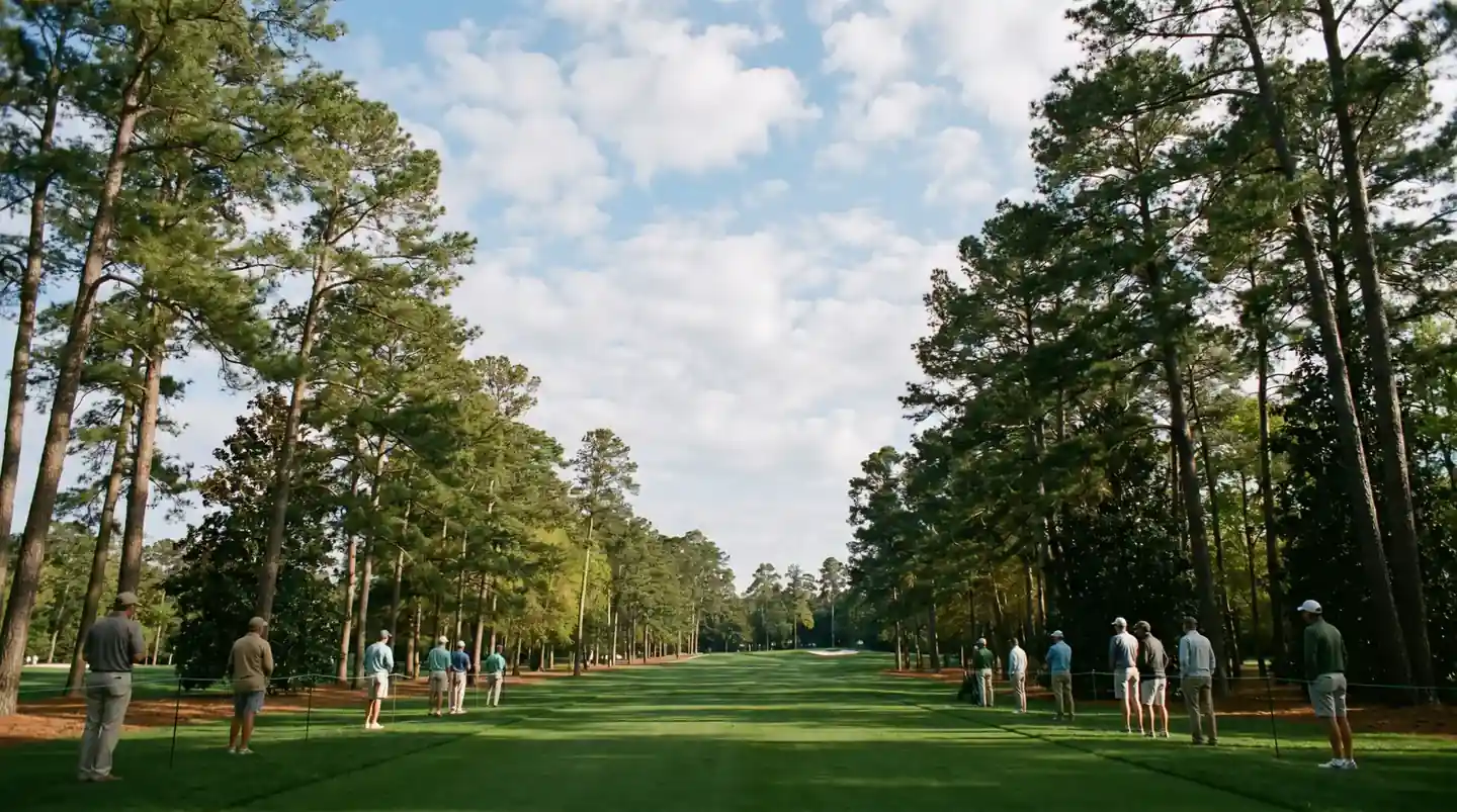 Long manicured parkland fairway with mature pines on each side under bright spring sunshine evoking Masters week conditions
