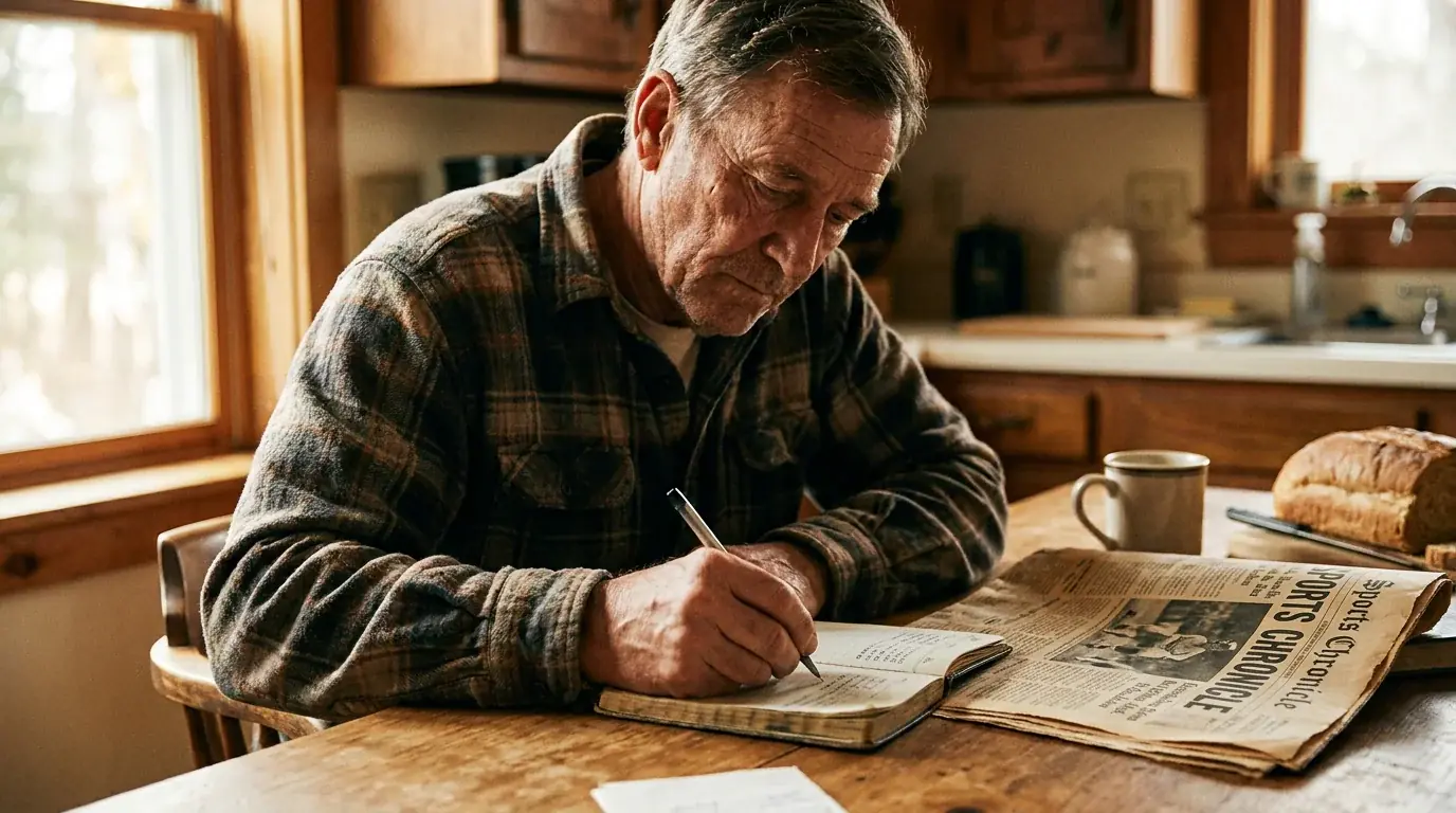 UK punter writing in a small bankroll ledger book at a kitchen table separating betting funds from household money