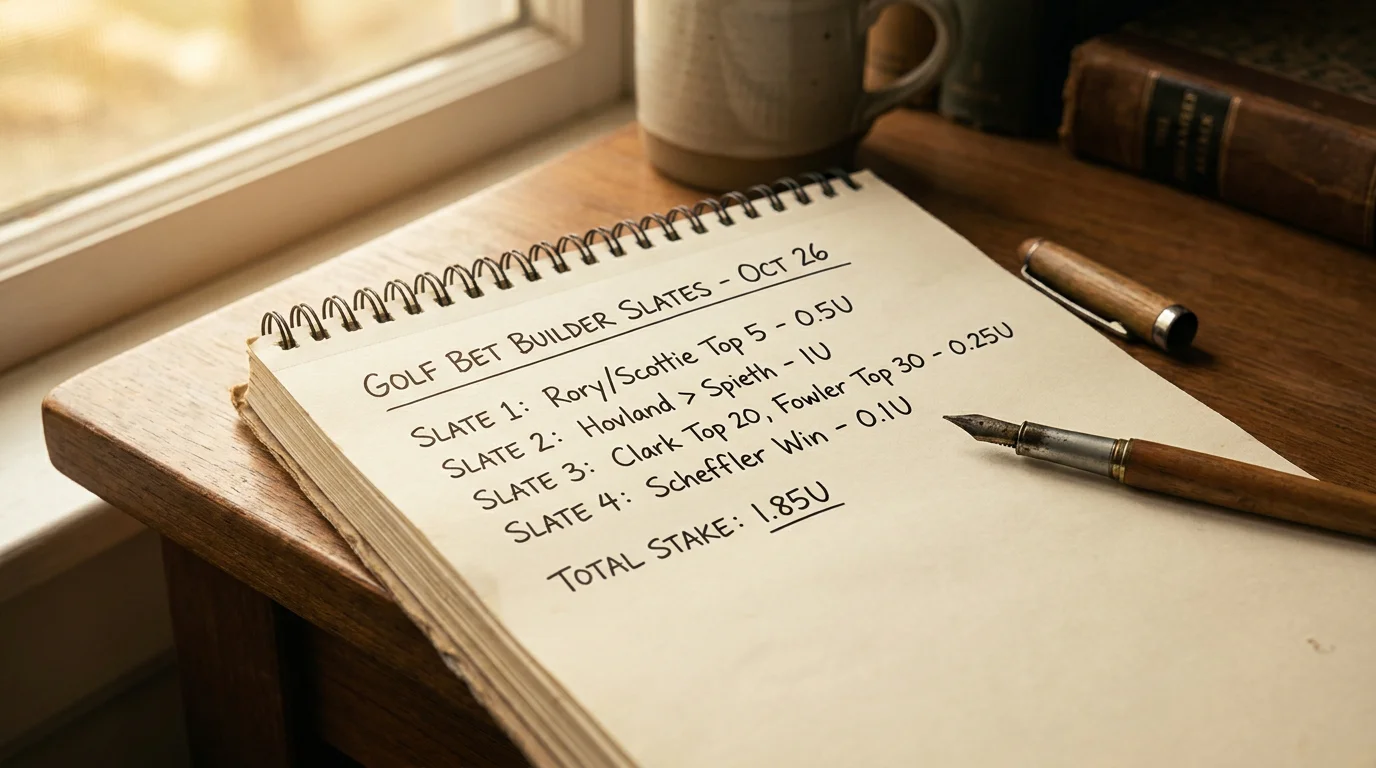 Handwritten stake sizing notes for several bet builder slates on a small notepad with a pen alongside