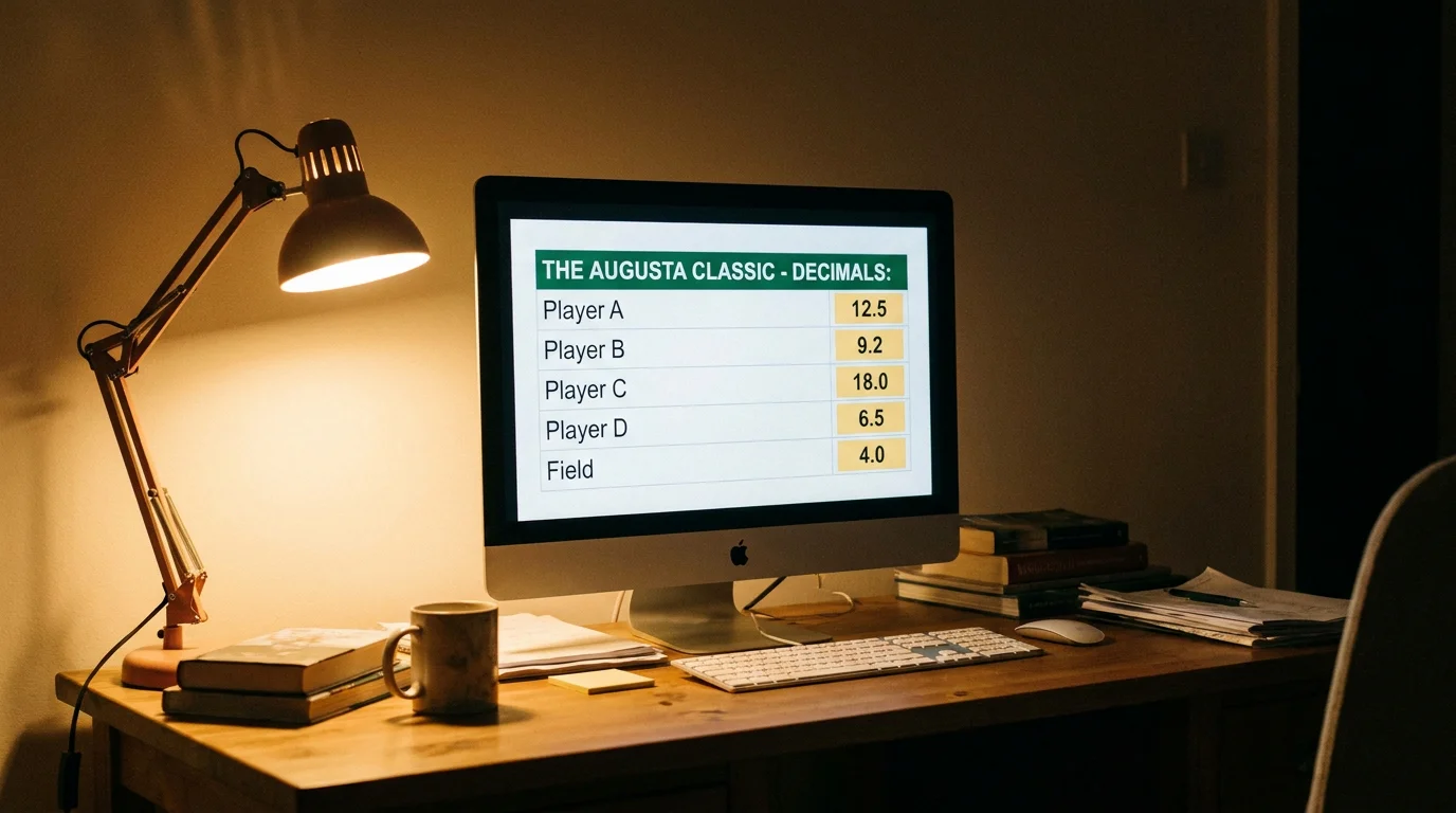 Computer screen showing a betting exchange interface with decimal golf odds on a desk in a quiet home study