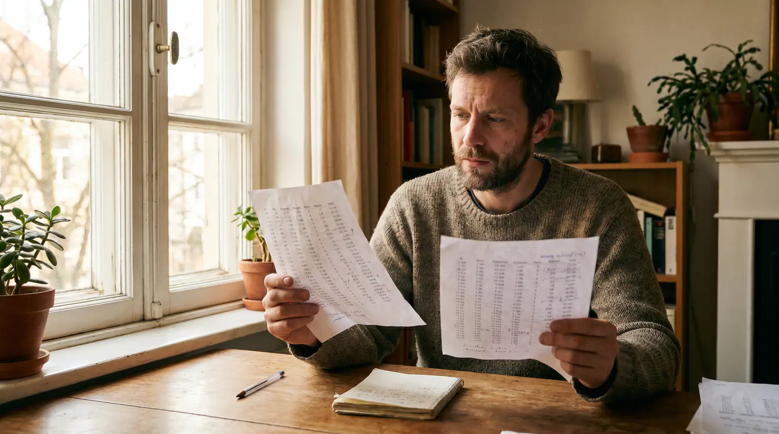 UK punter at a desk comparing two printed price sheets side by side weighing an operator cash-out against an exchange lay