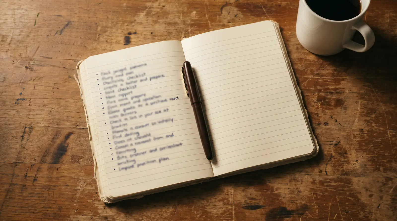 Open notebook with handwritten checklist of pre-bet questions resting on a wooden desk beside a pen