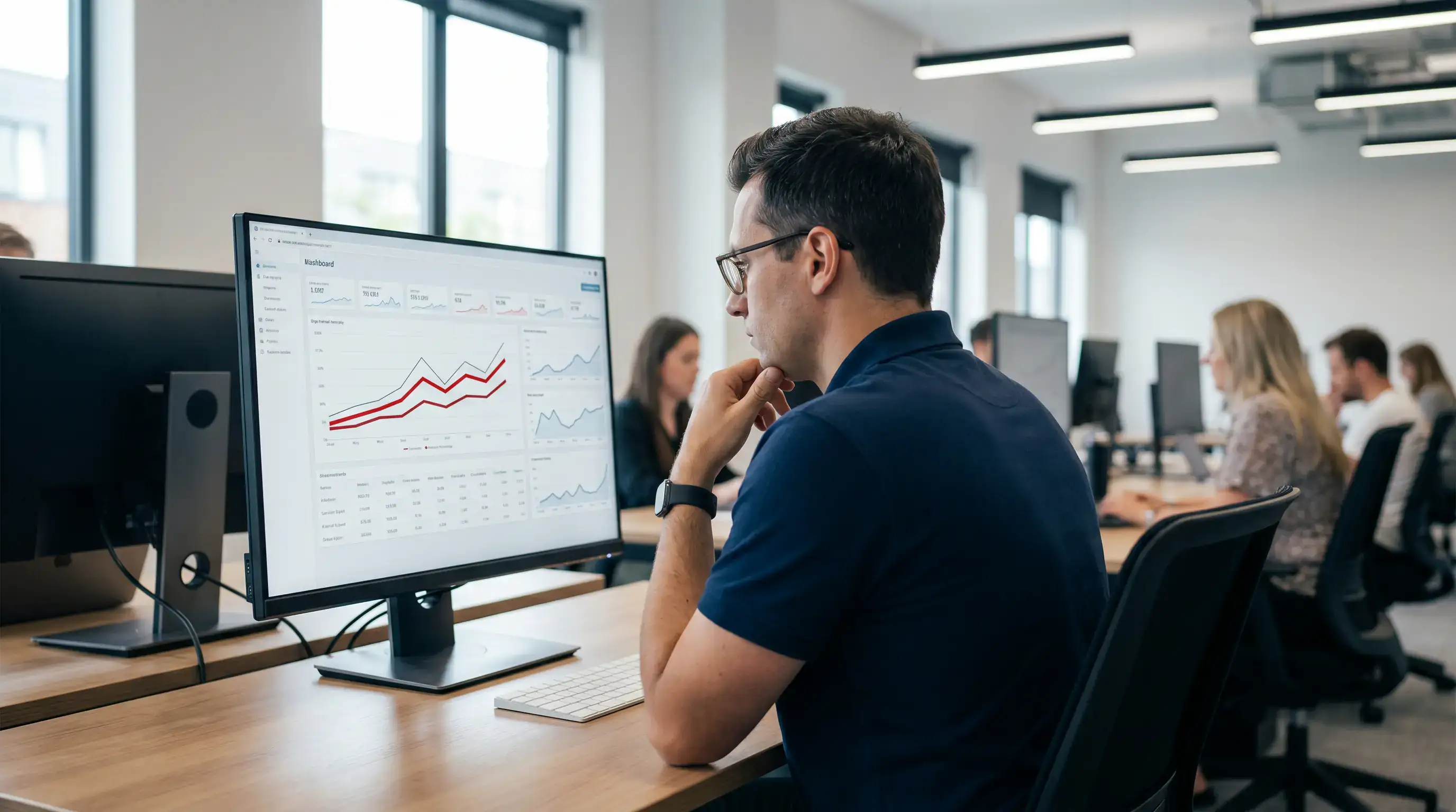 Analyst at a workstation looking at a clean generic dashboard showing betting pattern anomalies highlighted in red