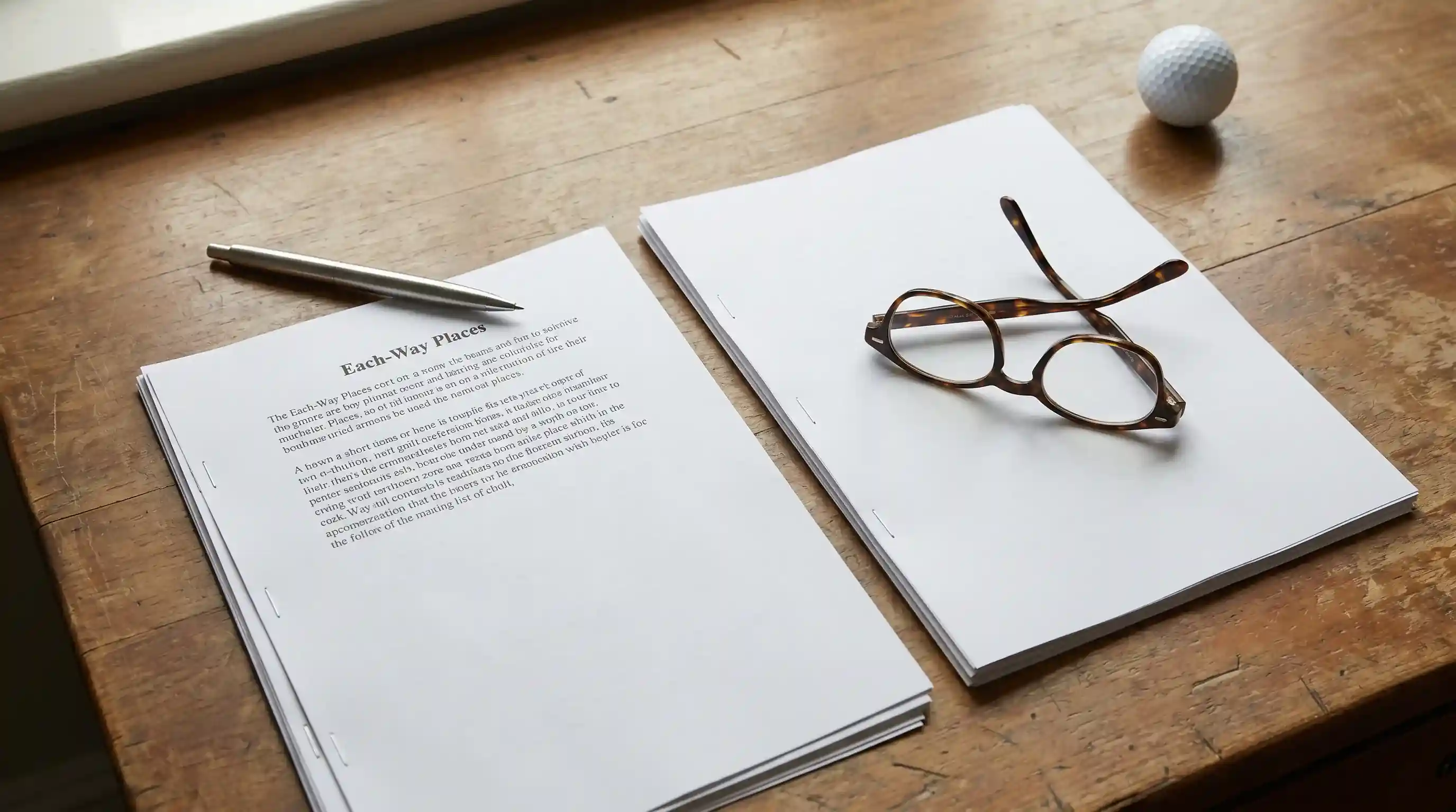 Two printed terms-and-conditions documents side by side on a wooden desk with a pen pointing at the each-way places clause on one of them