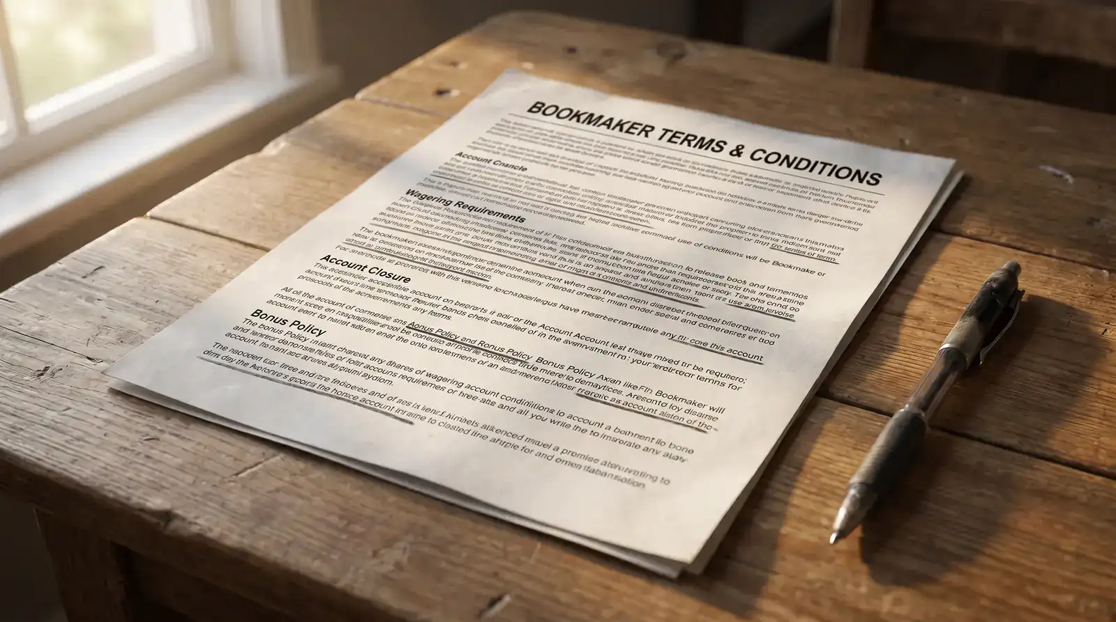 Printed bookmaker ante-post terms and conditions document on a desk with several clauses underlined in pencil