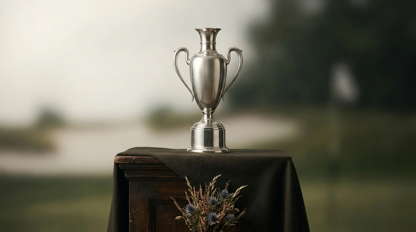 Silver Claret Jug trophy of The Open Championship displayed on a podium with the championship banner blurred behind it