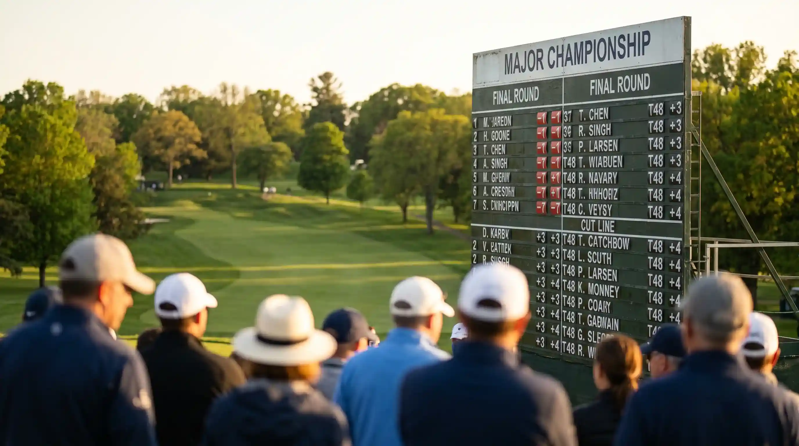 Clustered final-round scoreboard at a major championship with multiple players sharing position near the bottom of the paid places