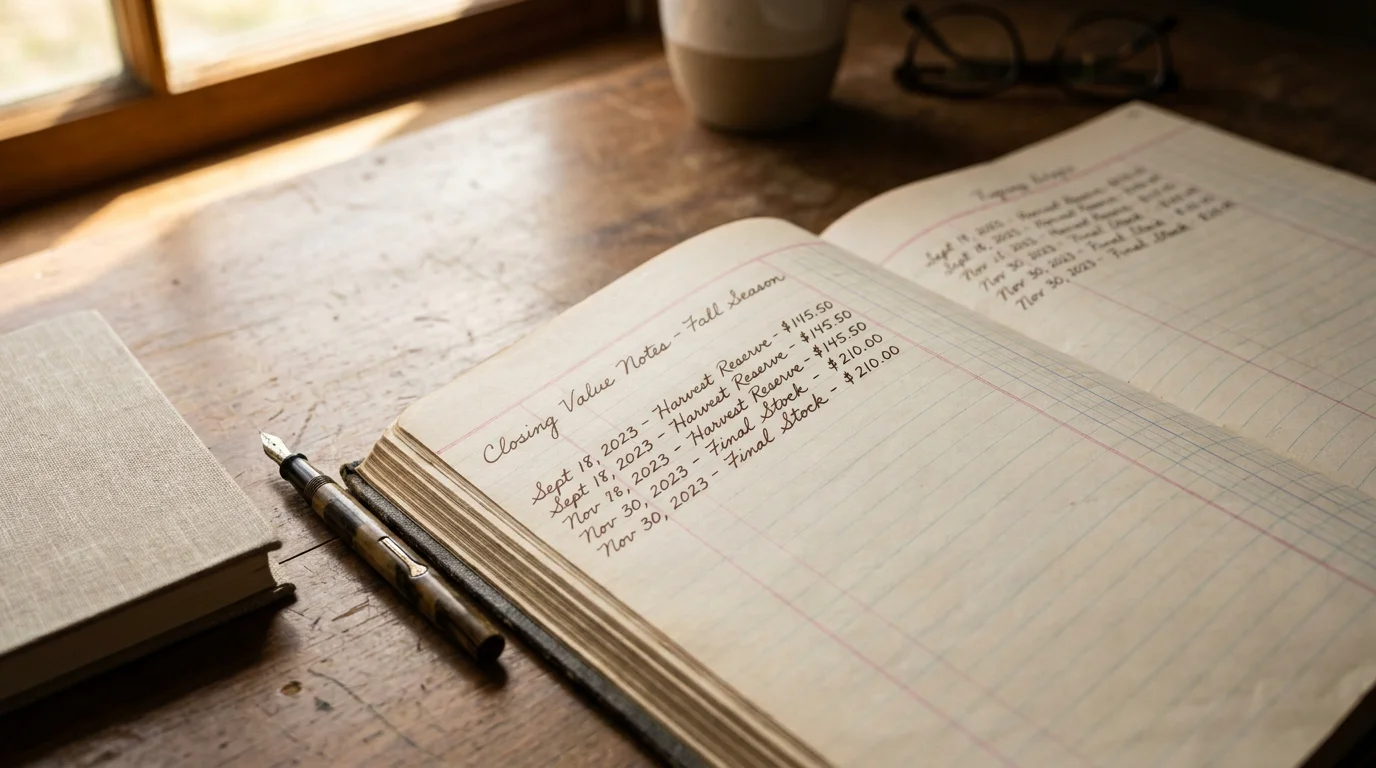 Open ledger book pages on a desk with handwritten closing line value notes for a season of golf bets recorded systematically