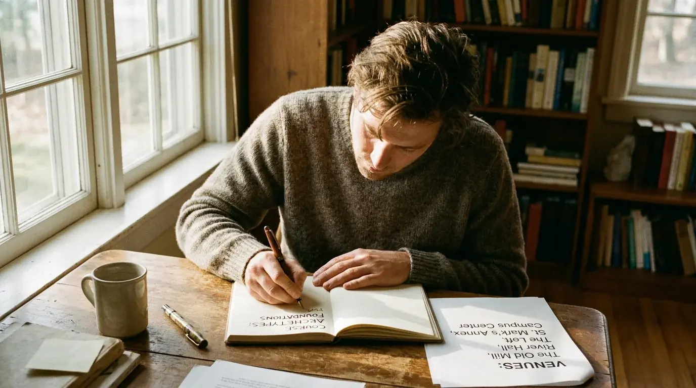 UK punter at a desk writing simple course archetype notes in a small notebook beside a printed venue list