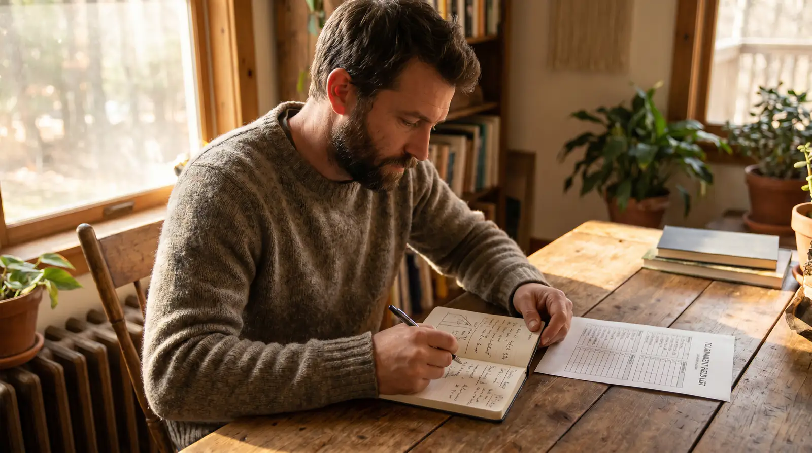 UK punter sketching simple course-fit overlays in a small notebook beside a printed tournament field list