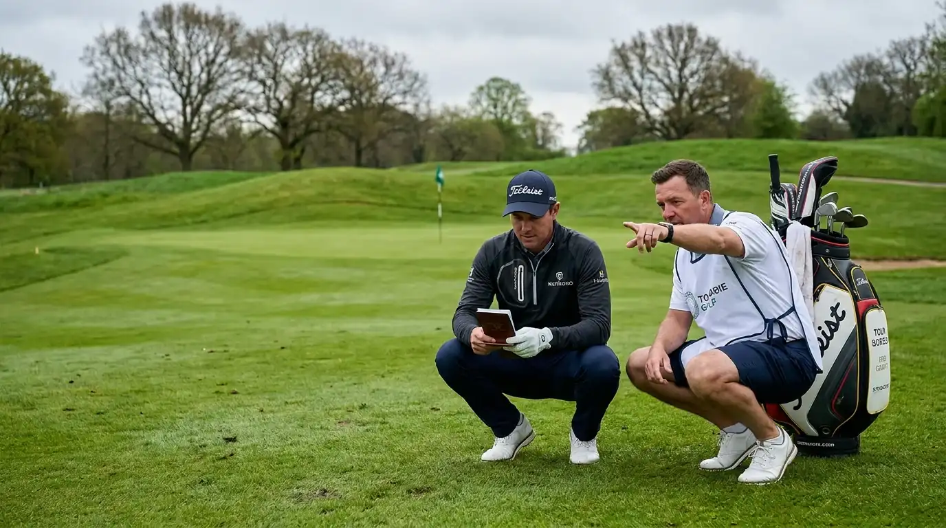 Caddie and player crouched on a fairway studying a yardage book with the green visible behind them