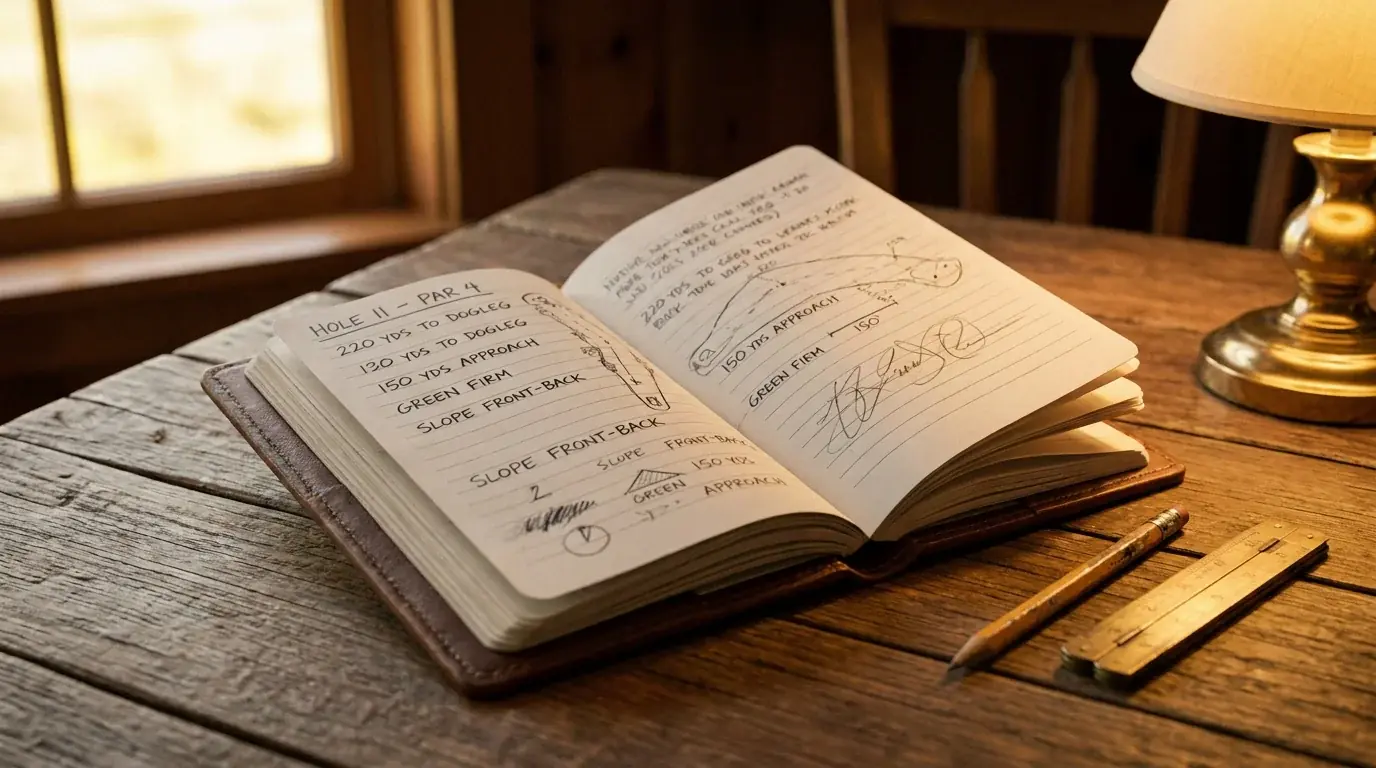 Open yardage notebook on a clubhouse table with handwritten course profile notes covering distance approach distance and green firmness