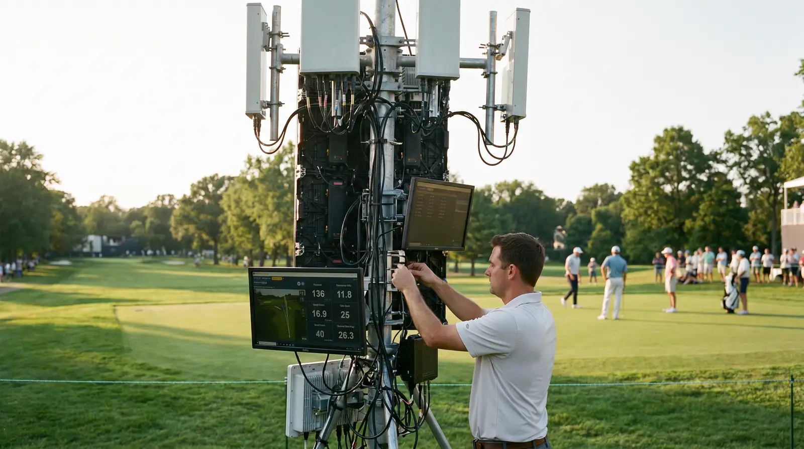 Course-side data relay tower at a professional tournament transmitting shot-by-shot information from the live action