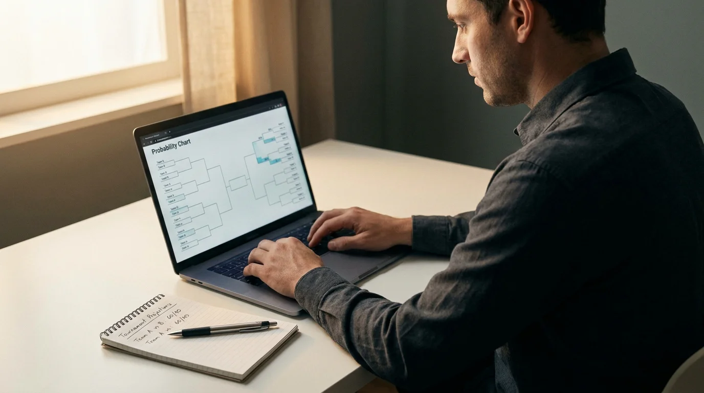 Analyst at a tidy desk working on a laptop with a clean probability chart visible on the screen and a notebook beside