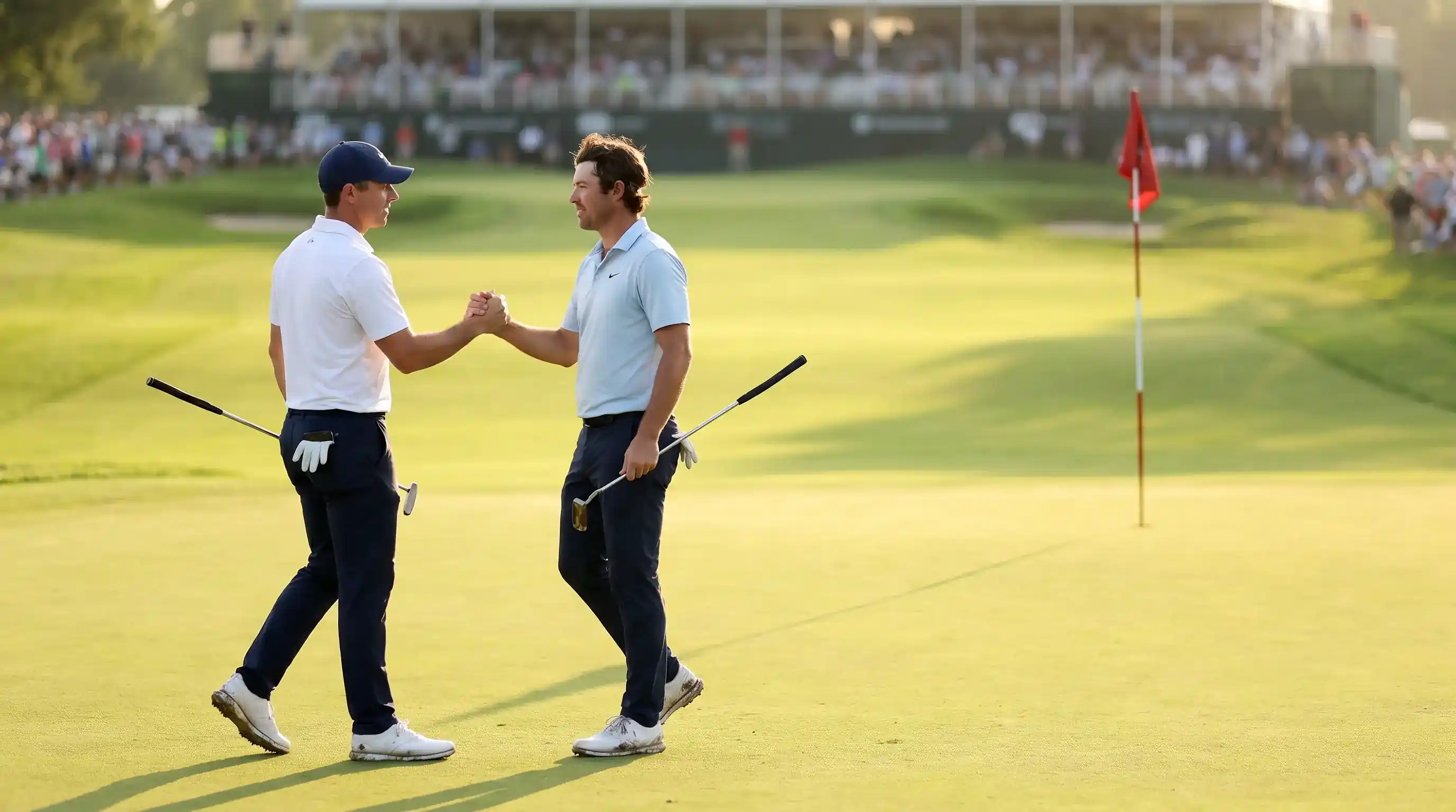 Two professional golfers shaking hands on the 18th green after finishing on the same score