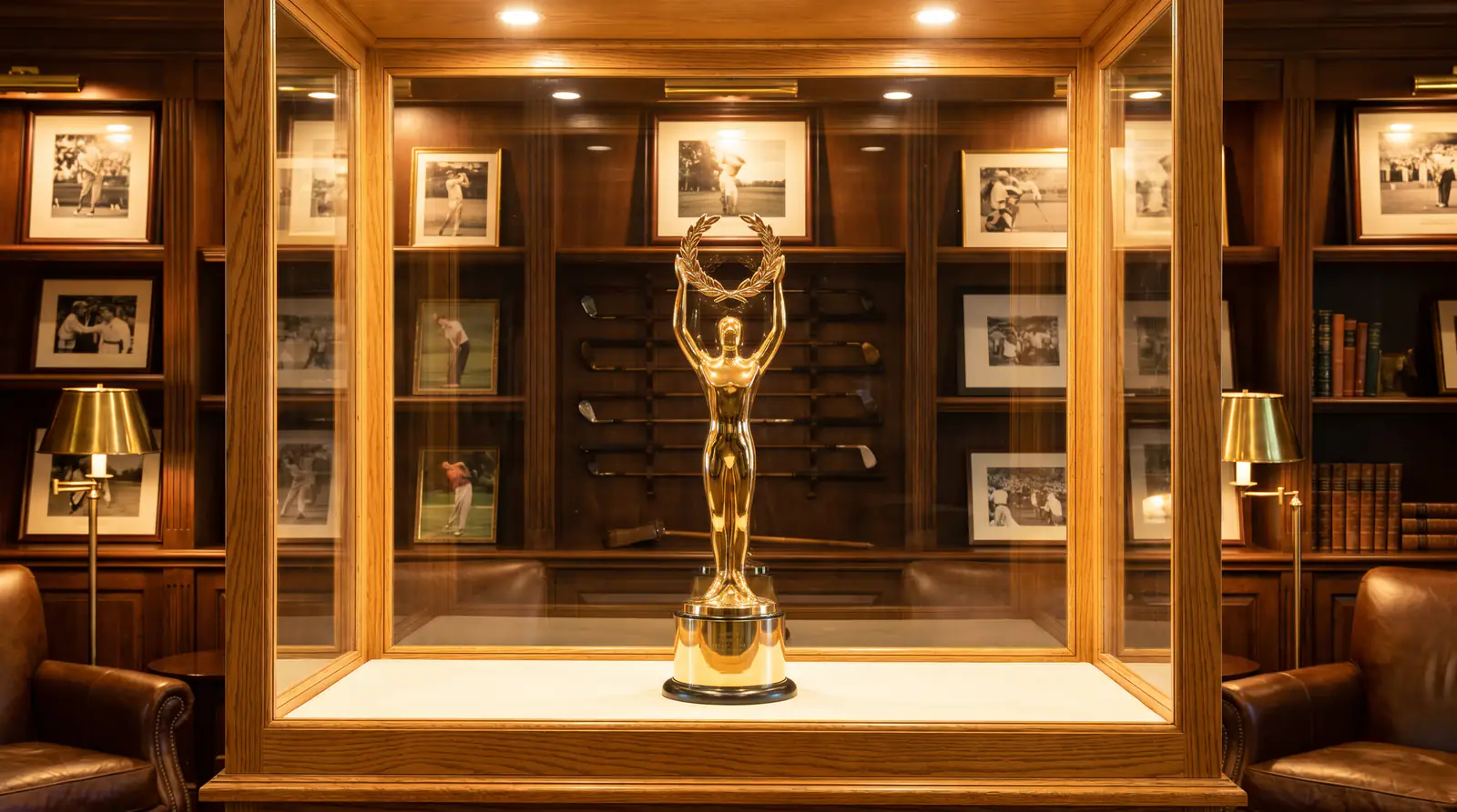 Generic season-long European tour trophy on display in a clubhouse trophy room behind glass under warm interior lighting
