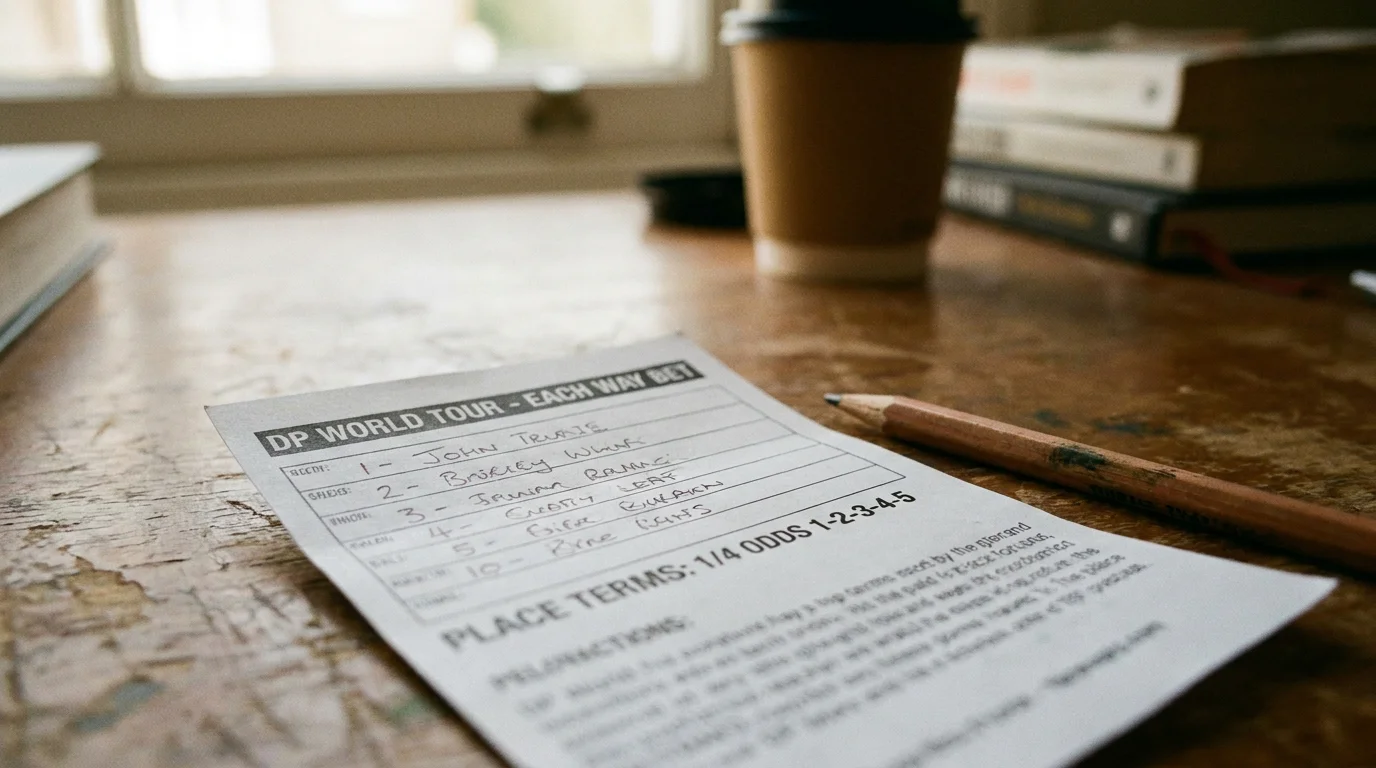 Printed each-way DP World Tour paper betting slip on a desk with the five paid places clearly visible in the place terms
