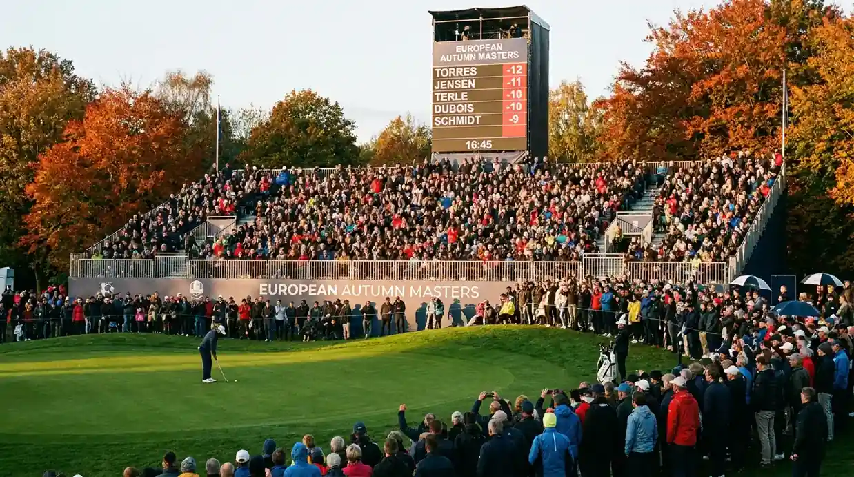 Packed grandstand at a DP World Tour signature event behind a finishing green with deep crowd and a leaderboard tower visible