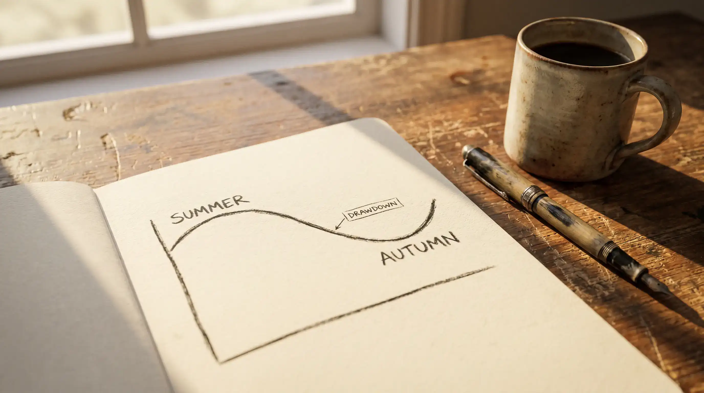 Notebook page on a desk with a simple hand-drawn drawdown graph illustrating cold-run preparation for a season of golf betting