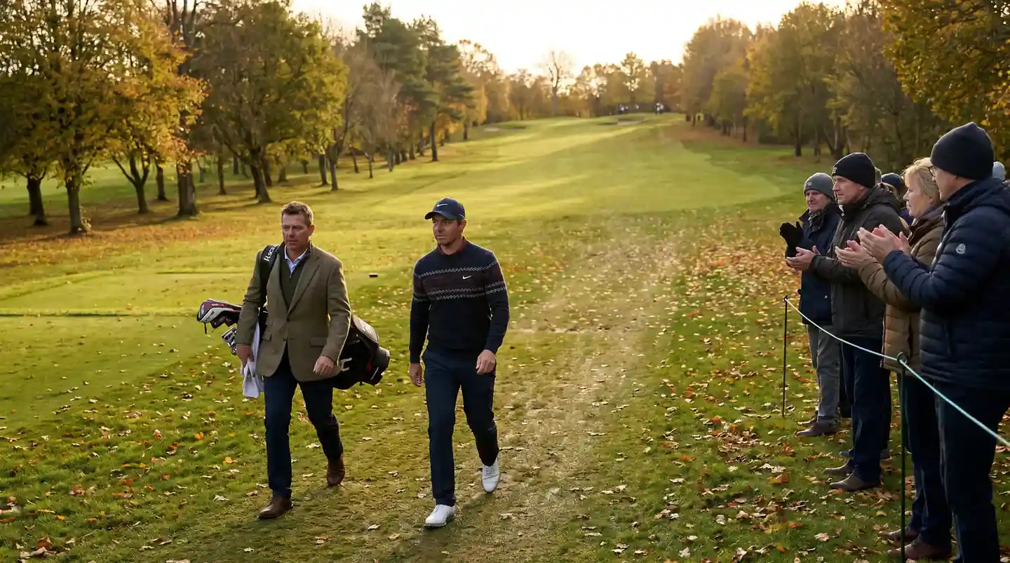 Internationally-known professional golfer walking the fairway at a European tour event with a small but appreciative crowd behind
