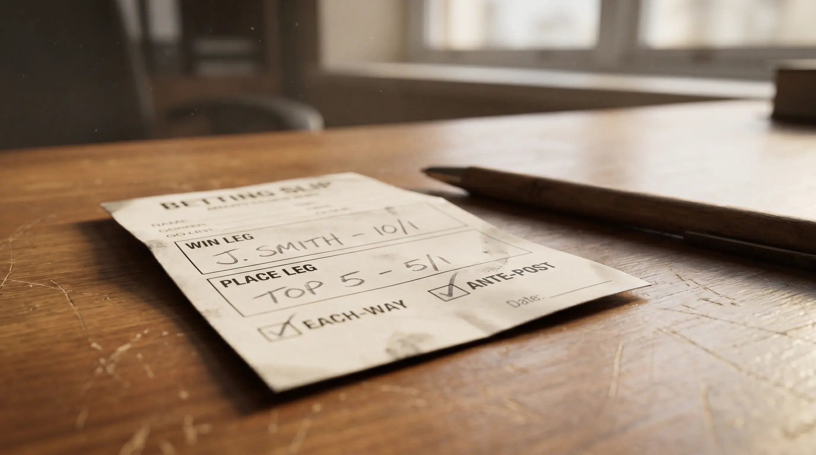 Close-up of an each-way ante-post paper betting slip on a desk with both win and place legs handwritten in pencil