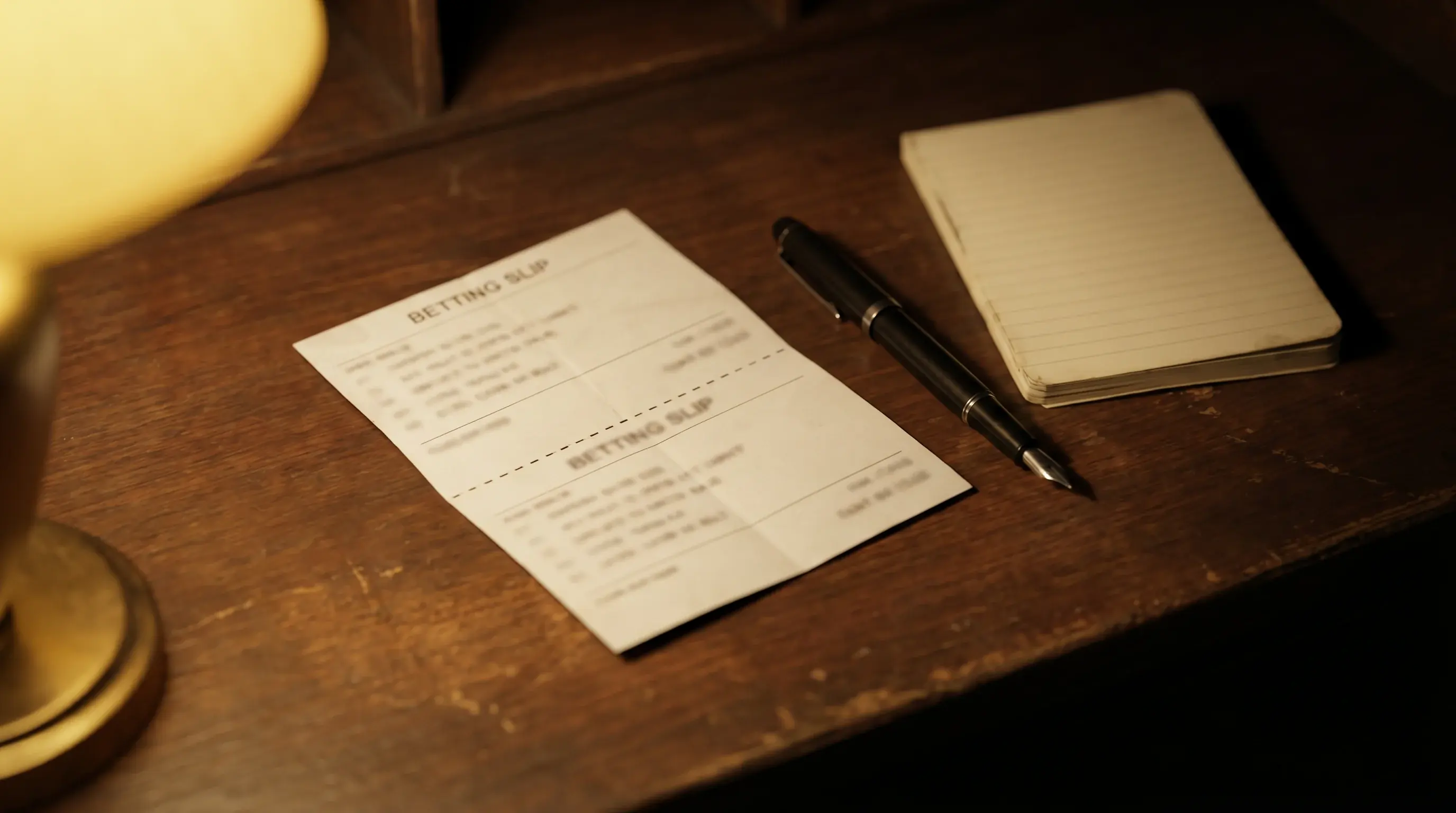 Folded paper betting slip resting on a desk showing a notional each-way ticket beside a fountain pen