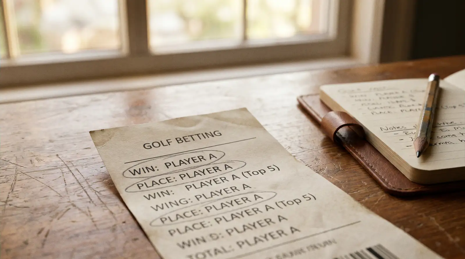 Close-up of a printed each-way golf betting slip with both the win leg and place leg highlighted in pencil at separate cash-out values