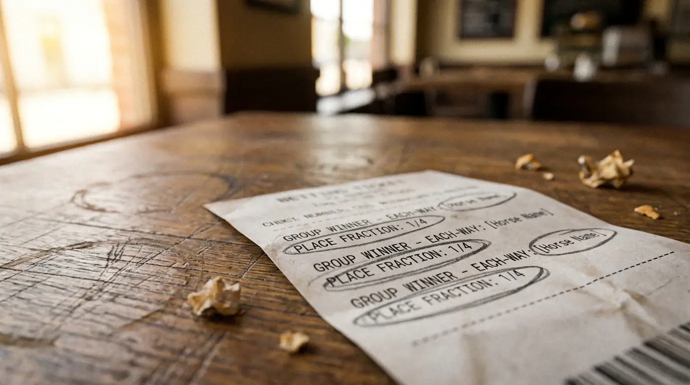 Close-up of a printed each-way group winner betting slip with the place fraction highlighted in pencil
