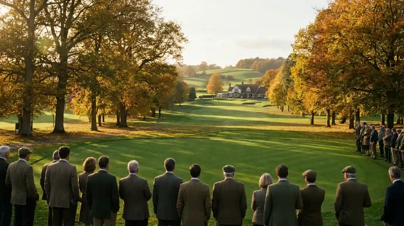 European parkland tournament course in late autumn with golden leaves on mature trees and a small crowd behind a green