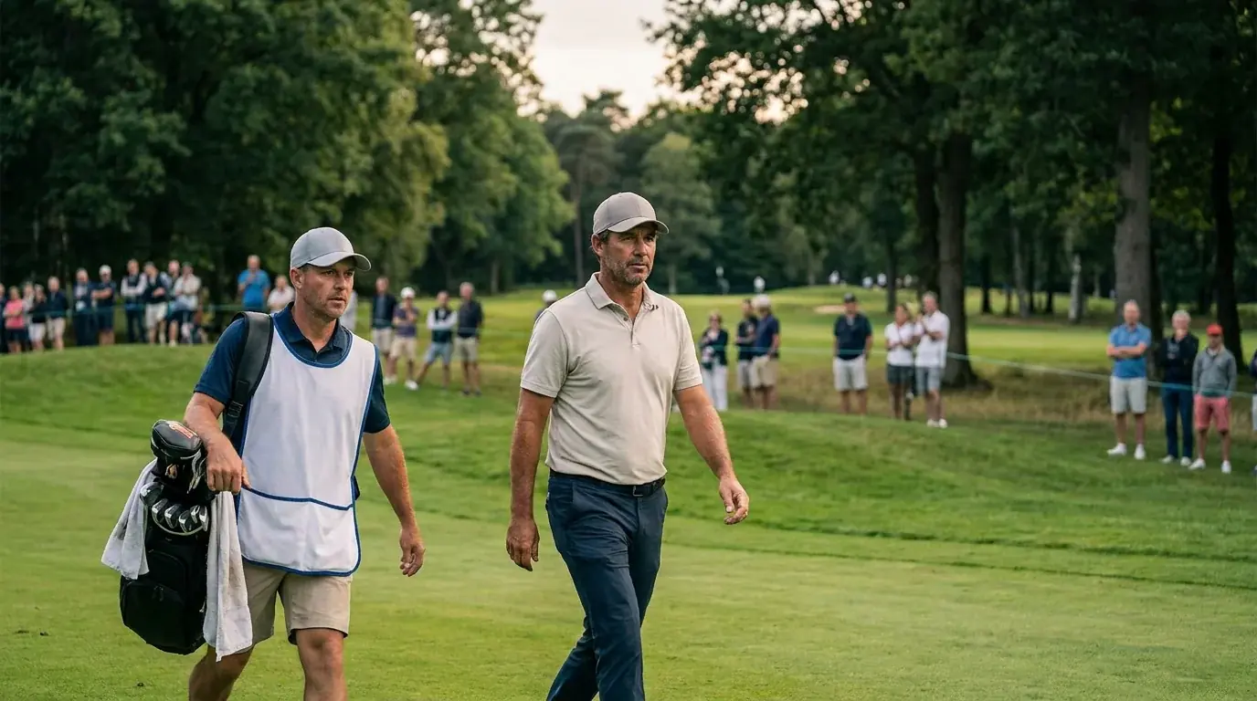 Mid-tier European tour player walking up a parkland fairway with his caddie during a regular DP World Tour event
