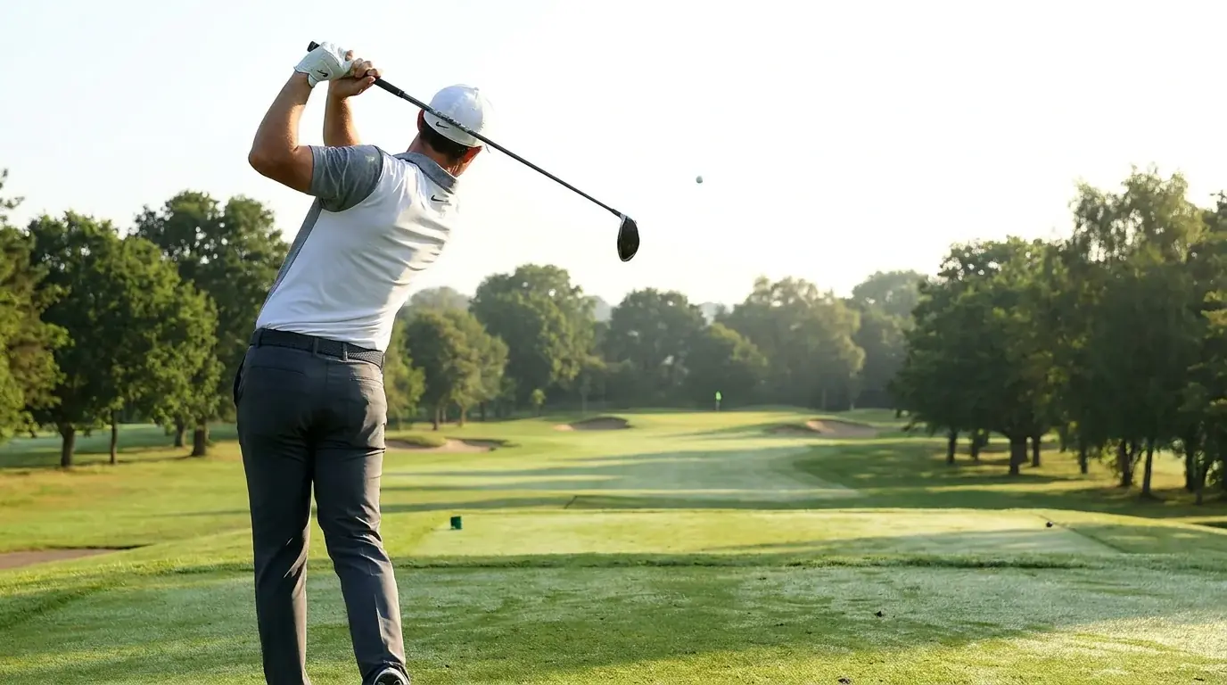 World-class golfer driving from an elevated tee with a focused expression at a UK Tour event
