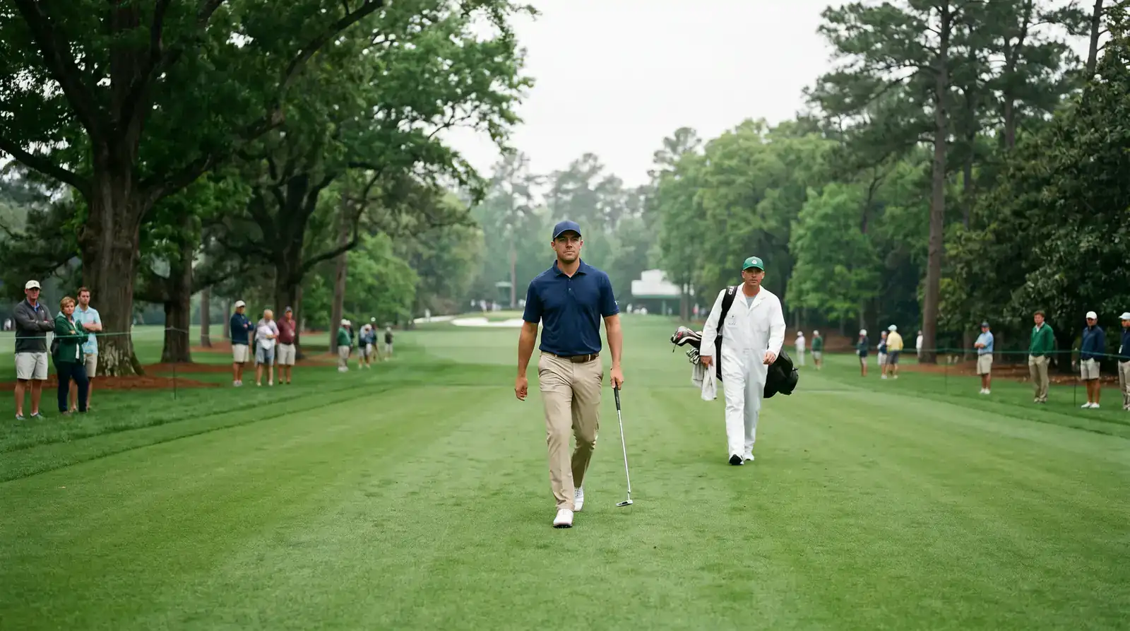 Top-ranked professional golfer walking confidently down a parkland fairway under calm morning conditions on day one