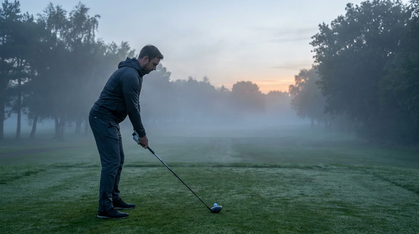 Early-morning tee box at a UK tournament with mist on the fairway and a single golfer addressing the ball
