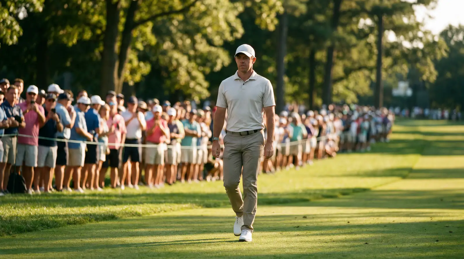 Professional golfer riding hot form on Saturday afternoon of a parkland tournament with a focused expression