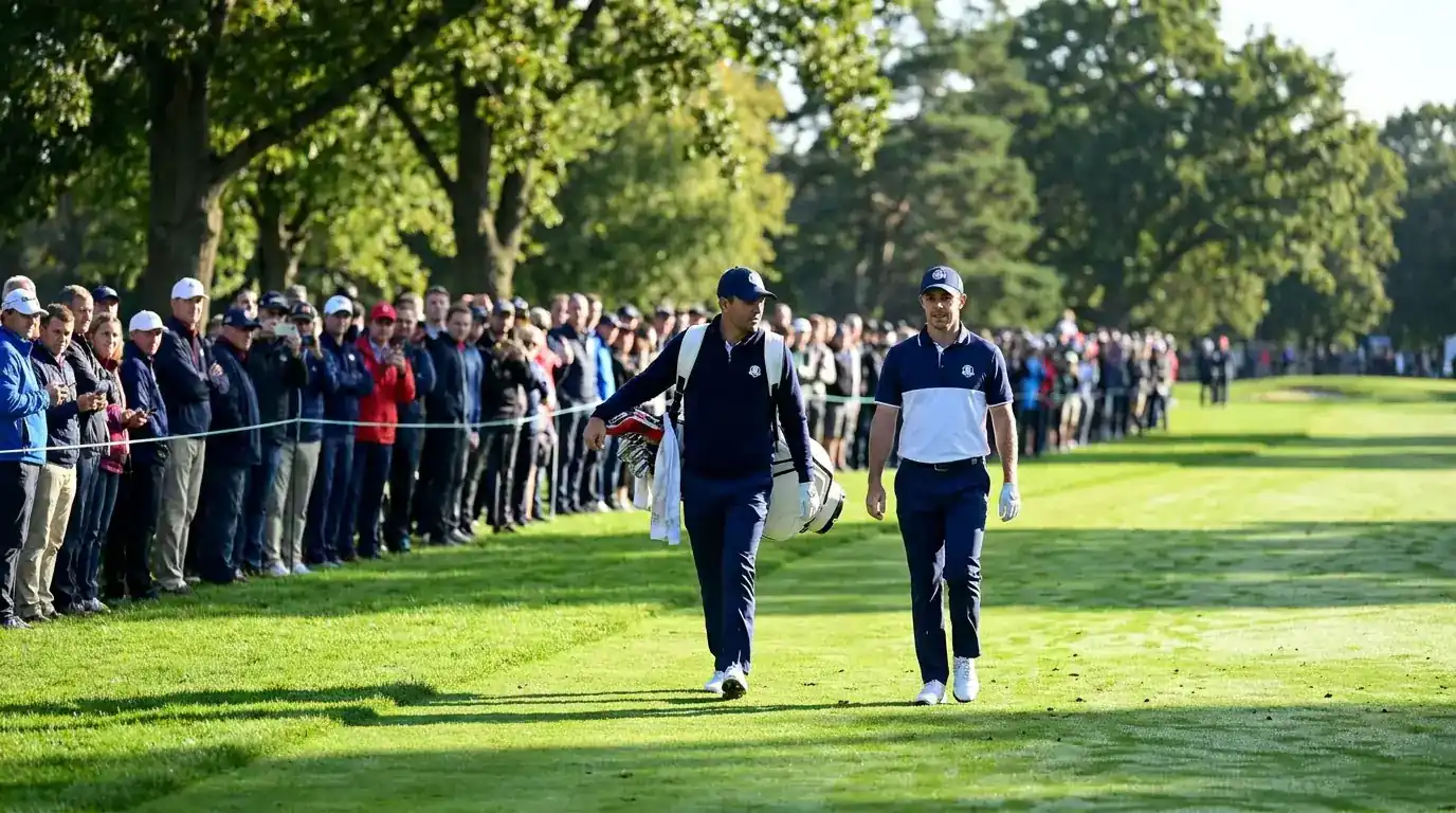 Foursomes match-play pairing of two players sharing a tour bag walking up a parkland fairway during a Ryder Cup morning session