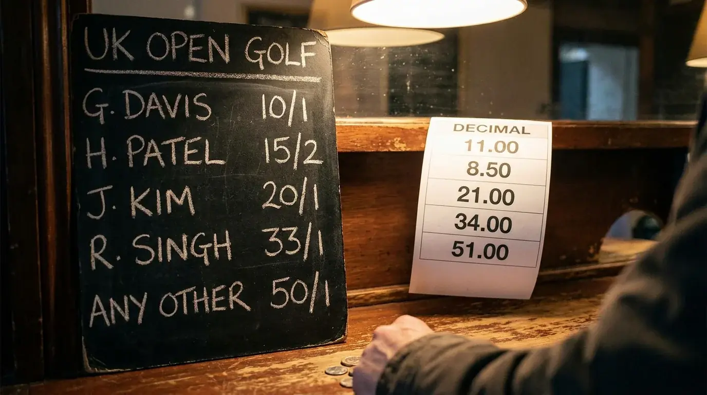 Close-up of a UK betting shop chalkboard with handwritten fractional golf odds alongside a printed sheet showing decimal equivalents