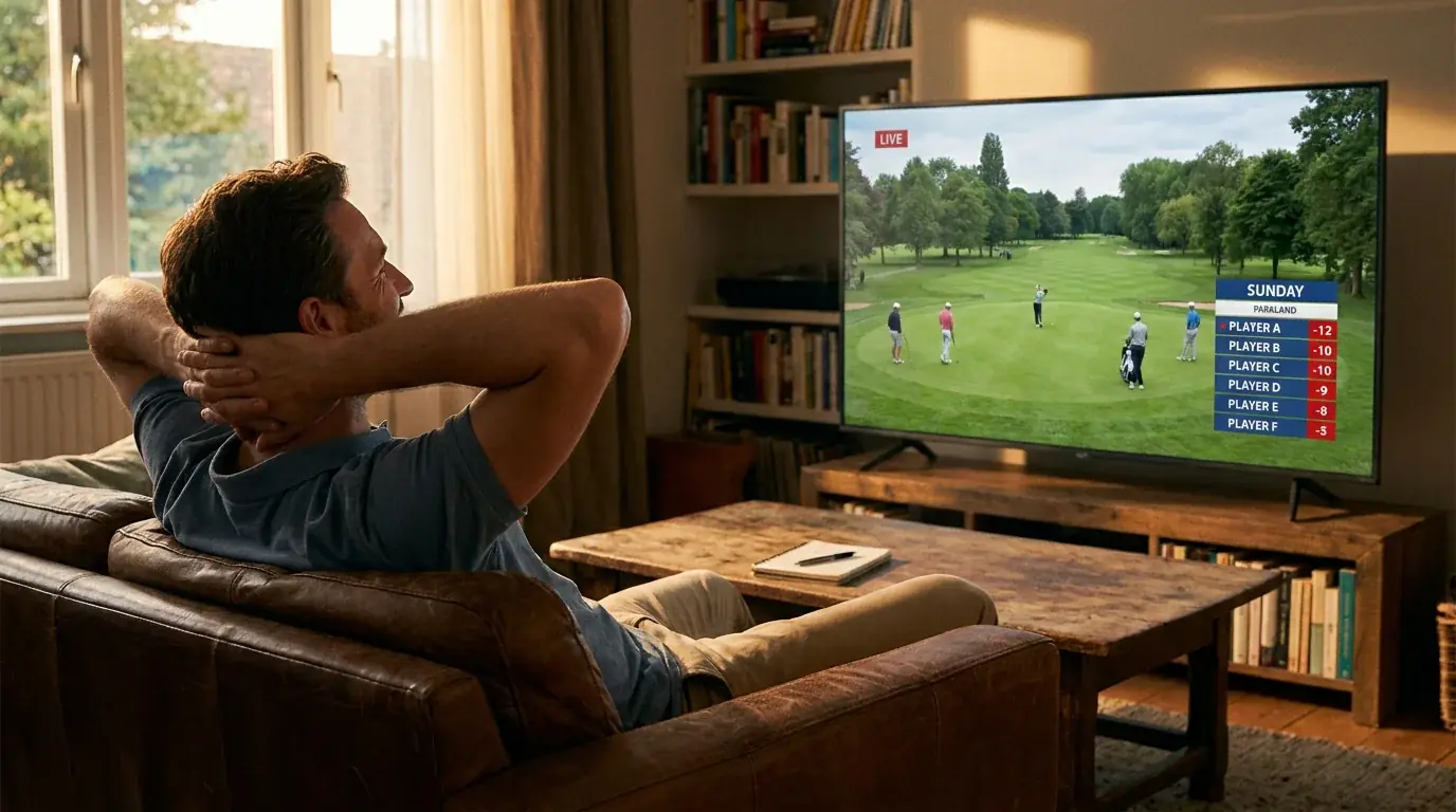 UK punter sitting back on a sofa with hands behind head looking at a flat-screen television showing a tournament Sunday