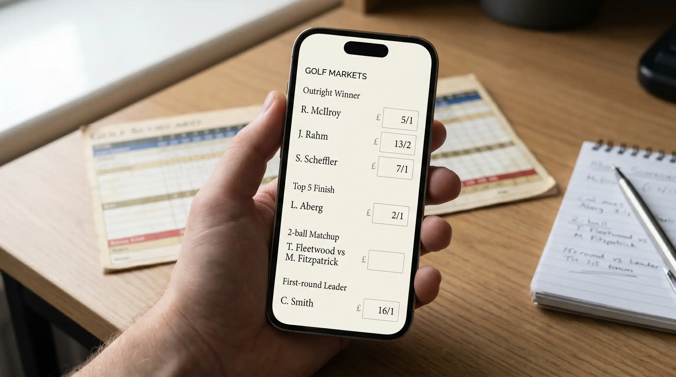 Smartphone screen showing a UK bookmaker golf page with outright, top-finish and matchup markets listed in a single feed