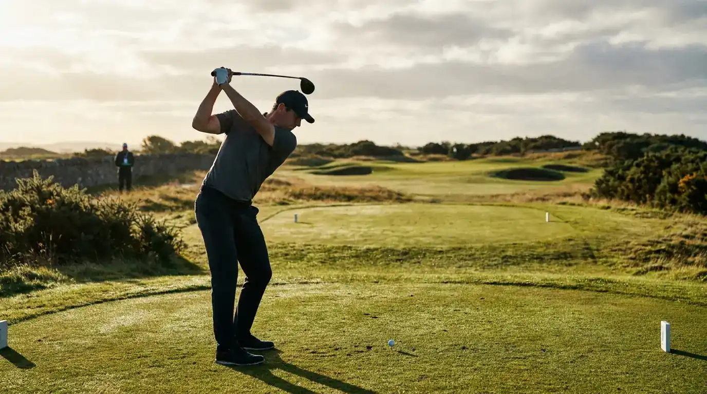 Professional golfer mid-swing on the tee box of a UK championship course during a Thursday round