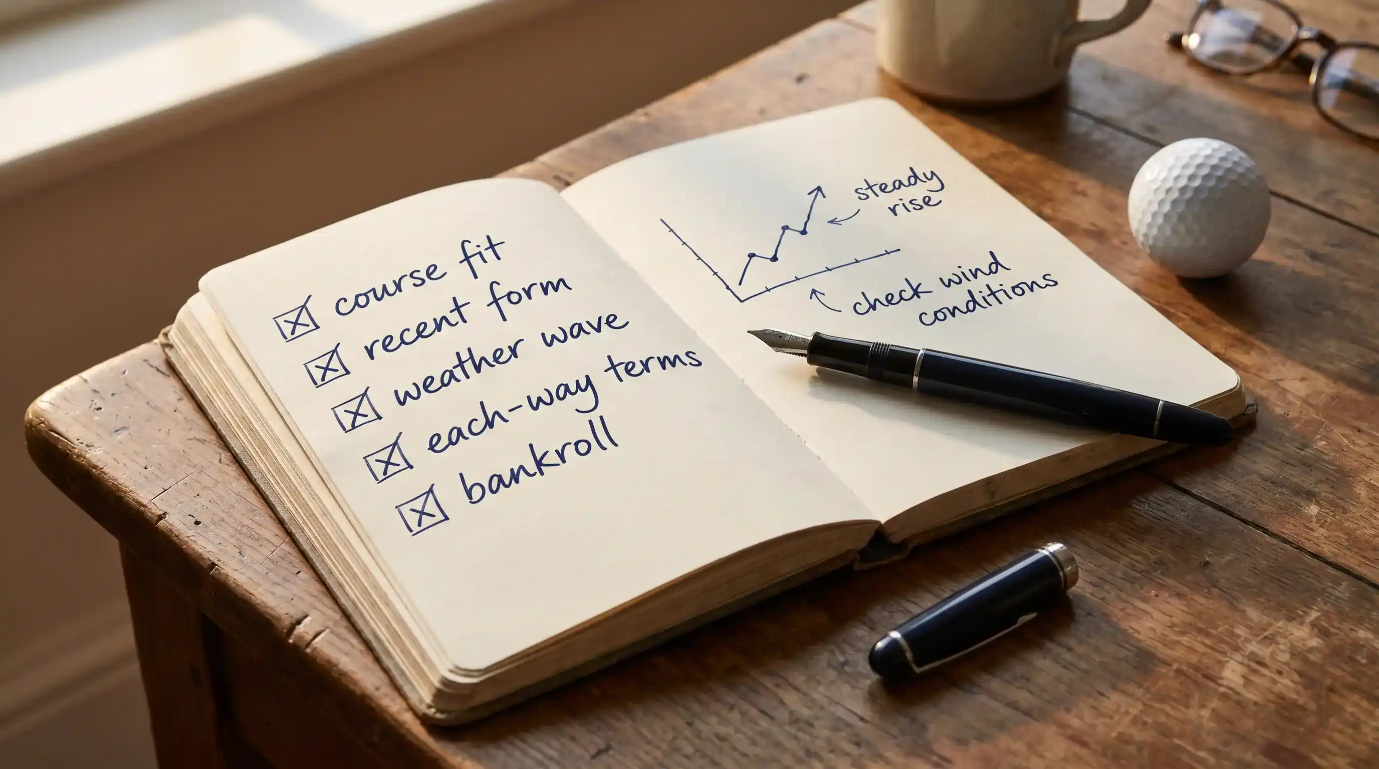 Open hardcover notebook with handwritten notes on course fit, recent form and weather wave, lying next to a fountain pen on a wooden desk