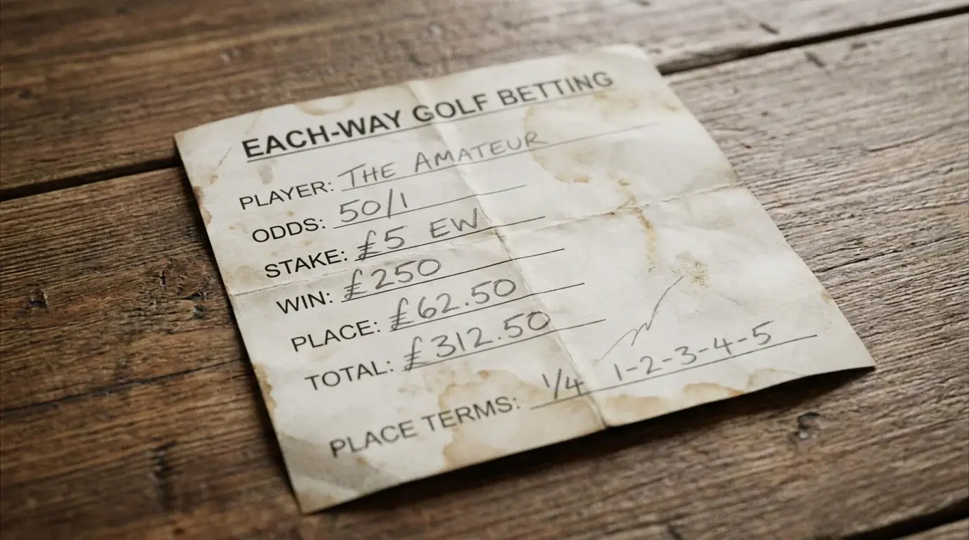 Close-up of a printed each-way golf betting slip with the place terms highlighted by a small pencil mark