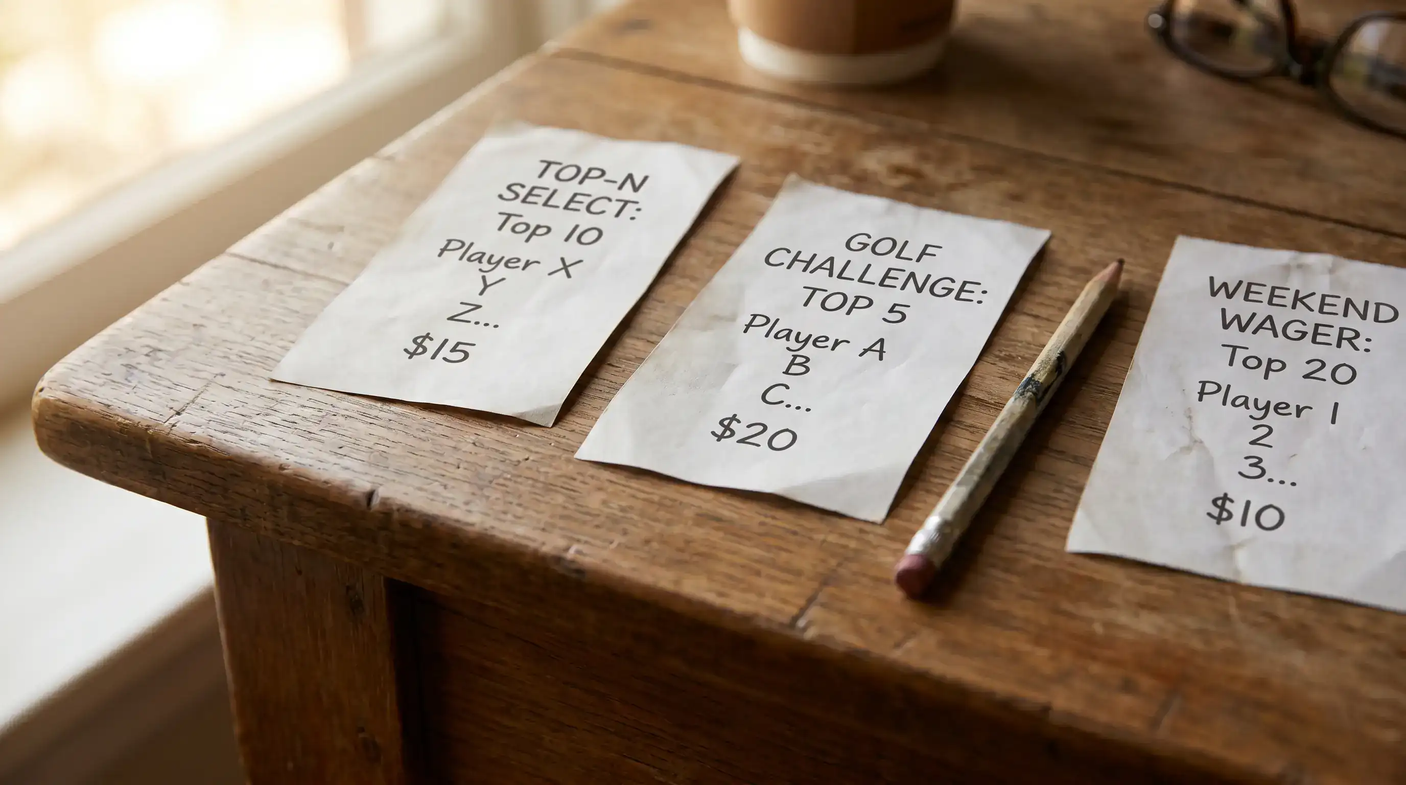 Three printed golf betting slips side by side covering top-5, top-10 and top-20 selections for the same tournament