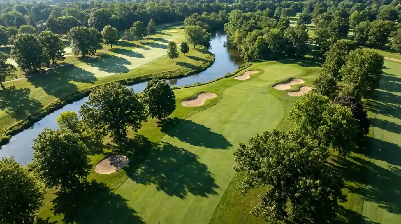 Wide aerial of a single par-four hole on a parkland course showing dogleg shape and strategic bunkering used in course-fit analysis