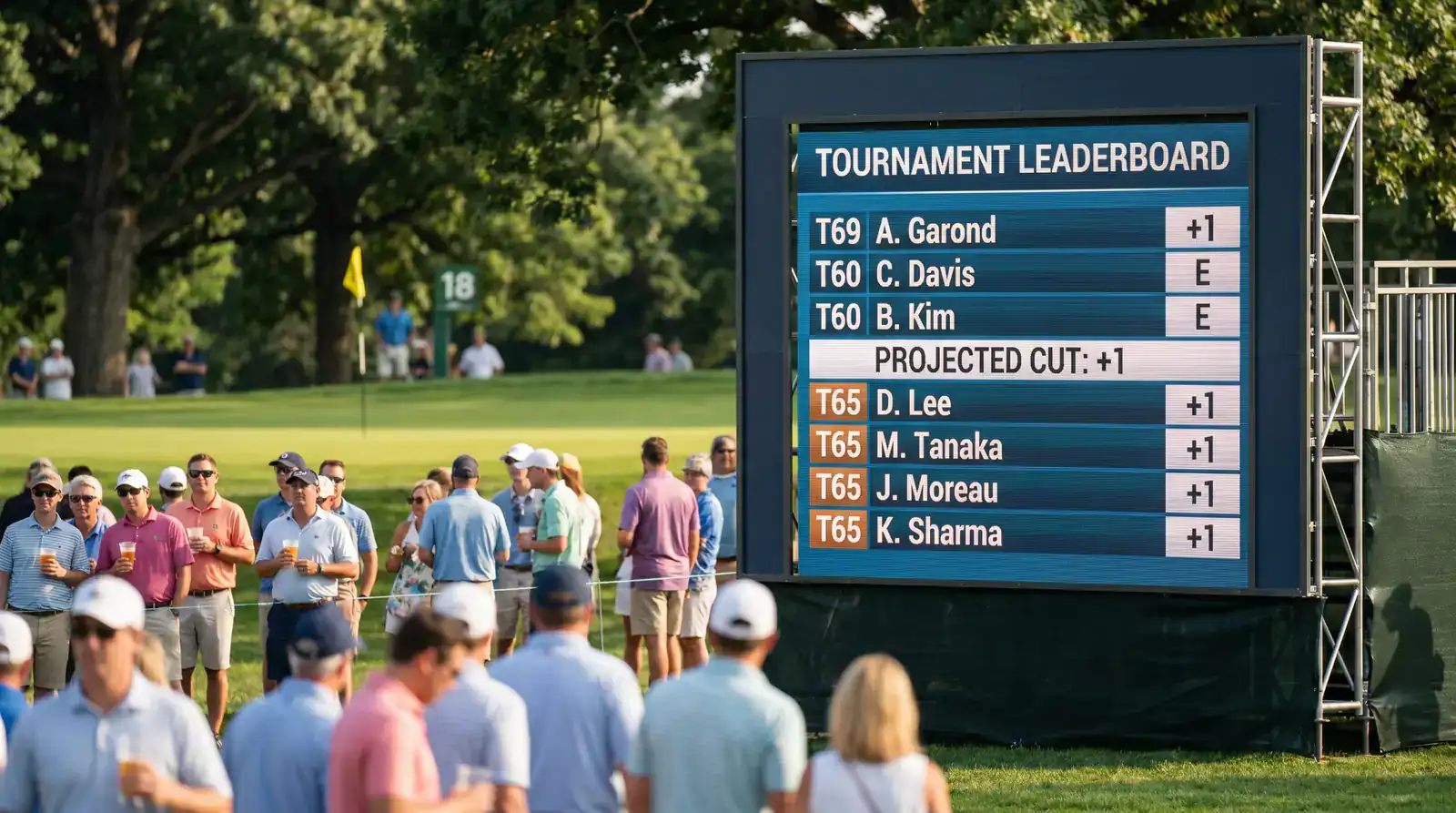 Tournament leaderboard screen at a professional golf event showing several players sharing the same finishing position