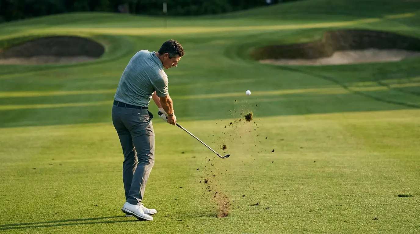 Professional golfer hitting a precise iron approach shot from the centre of a parkland fairway onto a guarded green