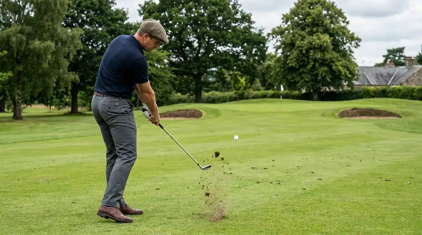 Professional golfer hitting an iron approach shot toward a green flanked by deep bunkers and gallery ropes