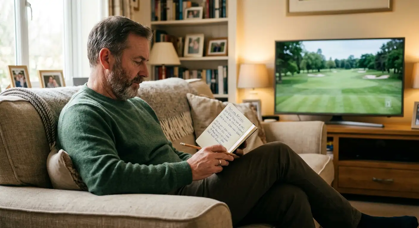 Person sitting on a sofa with a small notebook and pencil working through a simple golf each-way calculation in handwritten notes